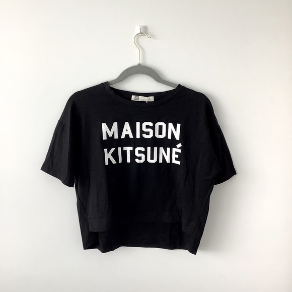 New women’s crop t-shirt Maison Kitsune’ print black white - Picture 1 of 7